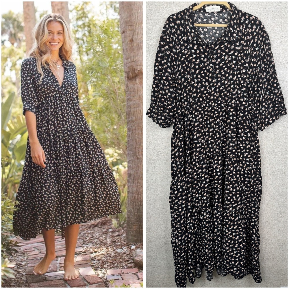 Natural Life Rebecca Midi Dress Sz XL Black Ditsy Floral Tiered Cottagecore Boho